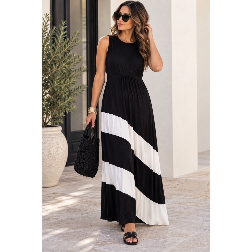 INC International Concepts Maxi Dress M Black White Colorblock Round Neck Rayon